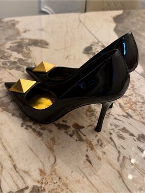 Valentino Black Patent Pointed-Toe High Heels with Gold Accent